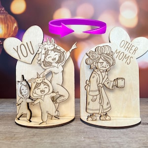 Arquivo engraçado de corte a laser para o Dia das Mães – Presente para mães frente e verso – Crianças unicórnio vs. Mãe cansada – SVG Glowforge xTool Ready