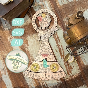 Czaszka z cukru Szkielet grający na ukulele Niepowtarzalny element wystroju domu dla miłośników muzyki - Łatwy w montażu plik do cięcia laserowego Xtool Halloween 3 mm sklejka