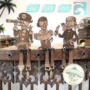 Incroyable trio de squelettes de pirates, idéal pour les amateurs de pirates et les amateurs de décoration intérieure. Lime de découpe laser Lightburn Xtool D1 Pro, contreplaqué de 3 mm.