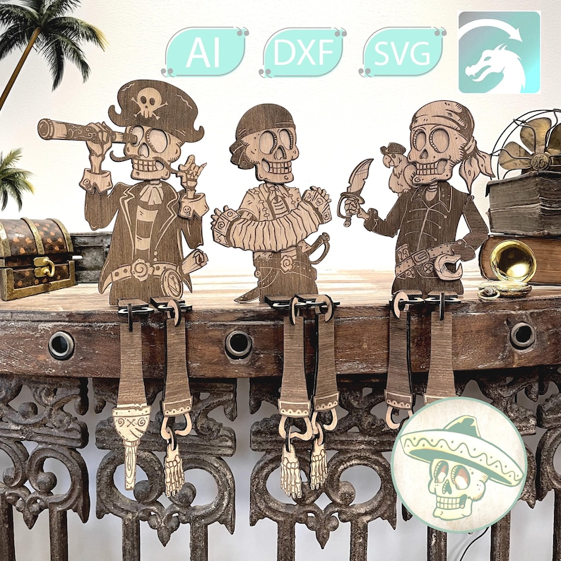 May include: Three laser-cut wooden pirate skeleton figures with dangling legs, designed to sit on a ledge. The figures feature engraved details including a telescope, accordion, and parrot. The image includes AI, DXF, and SVG file format labels.
