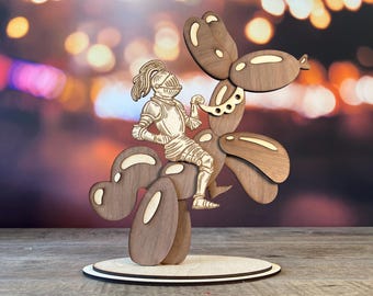 Sir Bounce-a-Lot! Laser cut file Wooden knight riding a balloon dog sculpture  – SVG DXF XCS Glowforge xTool m1 s1 p2s