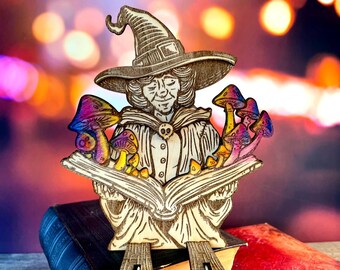 Witch Holding Magic Book with Mushrooms  Laser Cut File for Halloween Decor 3mm Plywood xcs svg dxf ai lbrn Lightburn Xtool