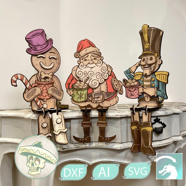 Three Good Friends Enjoying Hot Chocolate - Whimsical Christmas Decoration for a Warm Home. Santa, Gingerbread Man, and Nutcracker Laser cut