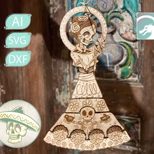 Fichiers découpés au laser de crâne de sucre. Mariachi Dios de los. fille muertos. Fichiers Xtool. Svg Lightburn. Glowforge Cinco de Mayo. Laser à téléchargement numérique