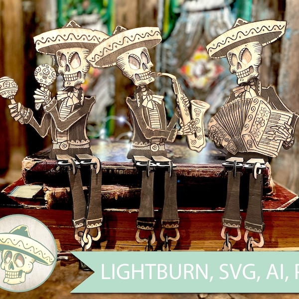 Banda Skeleton Mariachi, Archivo cortado con láser Archivos listos para láser de Halloween xtool d1 pro archivos lightburn Glowforge. juego láser svg. Archivos listos para láser