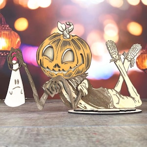 Funny Pumpkin Scarecrow with Ghost – Halloween Laser Cut File – SVG DXF XCS Glowforge xTool