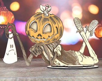 Funny Pumpkin Scarecrow with Ghost – Halloween Laser Cut File – SVG DXF XCS Glowforge xTool