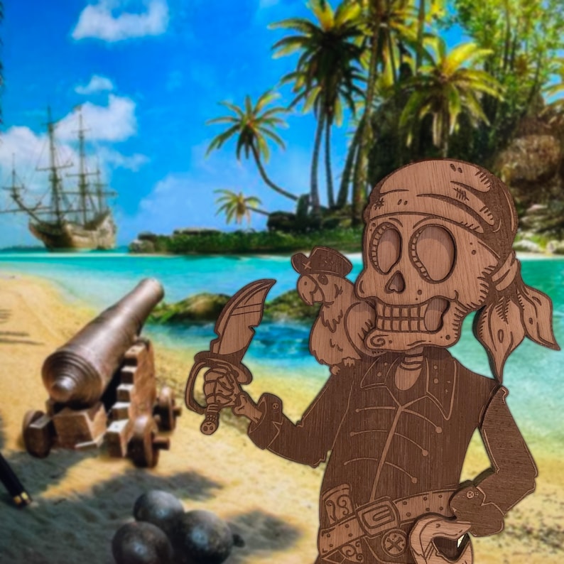 May include: A laser-cut wooden pirate figure featuring a skull wearing a bandana, a parrot perched on its shoulder, and a sword held in one hand. The pirate is dressed in a jacket with a belt and is set against a tropical beach background.