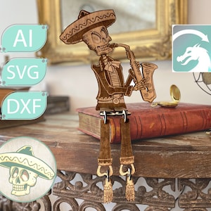 Saxophone playing skeleton Mariachi. Laser cut file Halloween  xtool d1 pro lightburn files Glowforge. game laser svg. Laser ready files