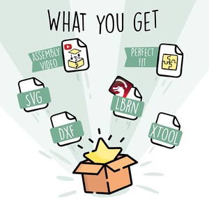 May include: A digital graphic titled WHAT YOU GET showing an open brown box with a yellow star emerging. Floating above are file icons labeled ASSEMBLY VIDEO, SVG, DXF, LBRN, XTOOL, and PERFECT FIT, each with a green banner and white text.