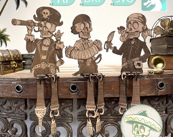 Arrr-mazing Pirate Skeleton Trio, Ideal for Pirate Lovers and Home Decor Enthusiasts. Lightburn Xtool D1 Pro Laser Cut File 3mm Plywood.