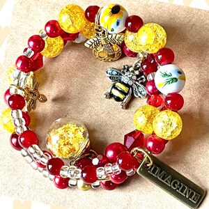 Honey Bee Red and Yellow Glass Beaded Charm Bracelet