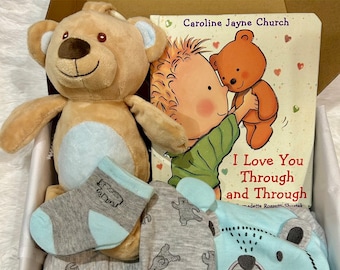 Baby Bear Gift Set & Baby Boy Shower Gift. Includes a teddy bear rattle clip on toy, book and matching bear onesie, pants, hat and socks.