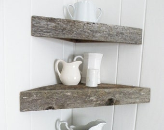 Set of 3 New and Reclaimed Wood Floating Corner Shelf Shelves Rustic Primitive Cabin Cottagecore
