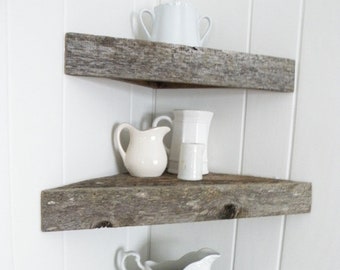 Set of 3 New and Reclaimed Barn Wood Floating Corner Shelf Rustic Primitive Cabin Country