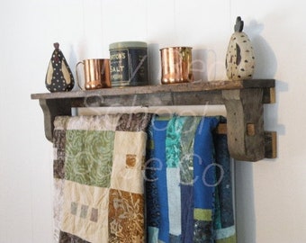 Reclaimed and Distressed Wood Shelf Quilt Towel Rack Rustic Chic Primitive Cottagecore