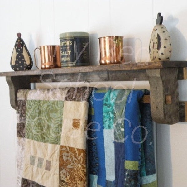 Reclaimed and Distressed Wood Shelf Quilt Towel Rack Rustic Chic Primitive Cabin