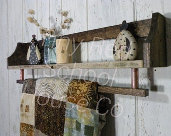 Handmade Country Rustic Wood Reclaimed Wall Shelf Quilt / Towel Rack Copper