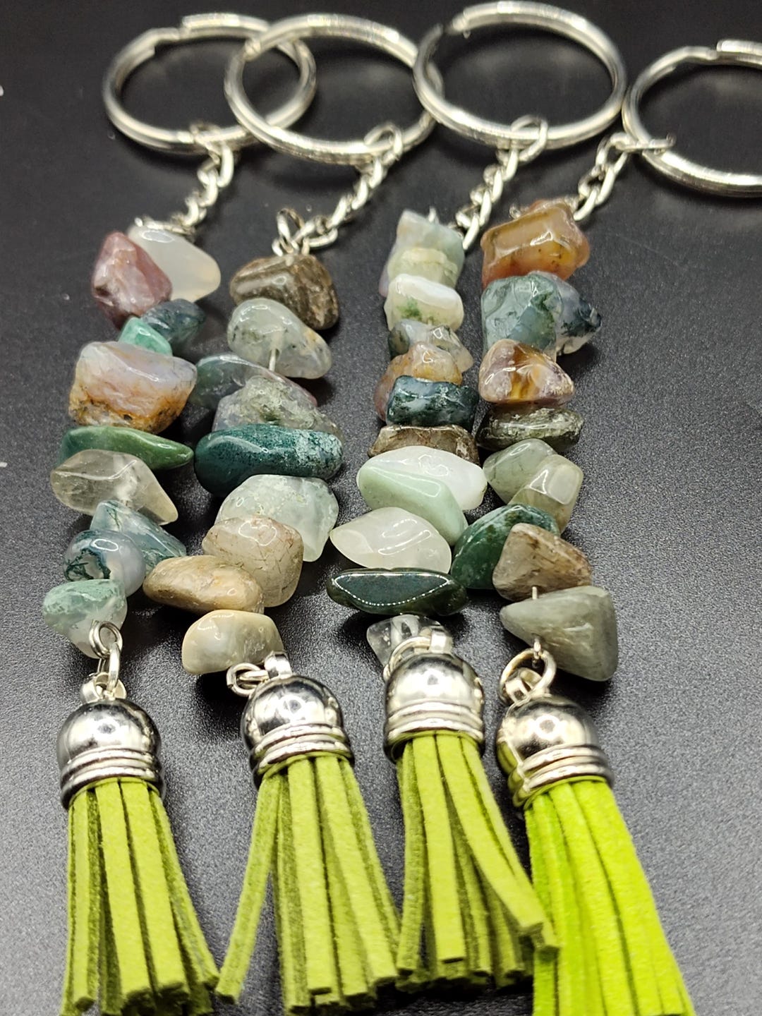 Agate Chip Keychain With Green Tassel – Natural Stone Key Ring, Boho ...