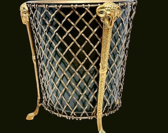 Rams Head Brass Lattice Wire Paper Basket With Removal Tin Liner