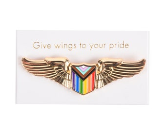Rainbow Shield Pride Pin: Gold Brass Enamel Wings
