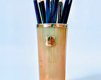 Elegant Horn Pen Holder - with Metal silver Band and Shield that you can personalise