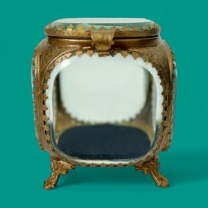 Glass Trinket Box – Ornate Gold Tone Metal Trim, Hinged Lid