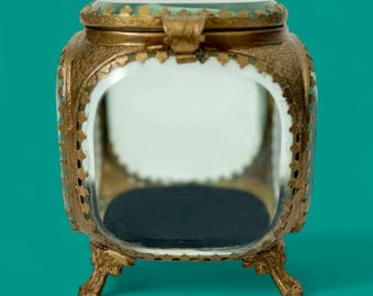 Glass Trinket Box – Ornate Gold Tone Metal Trim, Hinged Lid