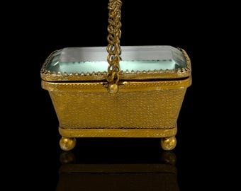 Victorian Gilded Brass Trinket Box: Beveled Glass Lid, Rope Handle