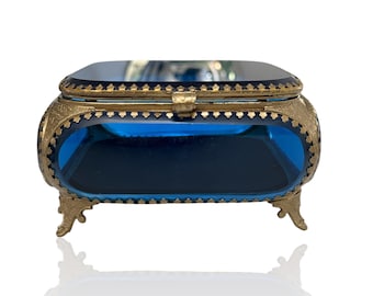 Blue, Beveled Glass, Display Box with Ornate Bronze Trim with a Velvety Base