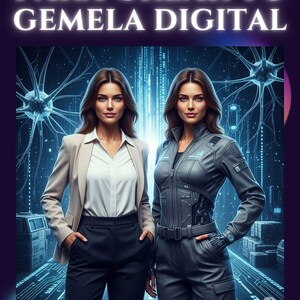 May include: Book cover with the title "LA GUÍA DEFINITIVA PARA EL PARA CREAR TU GEMELA DIGITAL". The image features two women, one in a blazer and the other in a futuristic suit, against a digital background. Text at the bottom reads "EL PASO A PASO PARA CREAR TU GEMELA DIGITAL" and "@ALESTILODIGITAL".