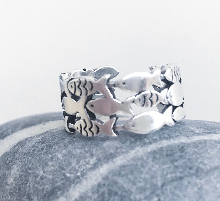 PADSTOW Multilayer sterling silver adjustable fish ocean ring