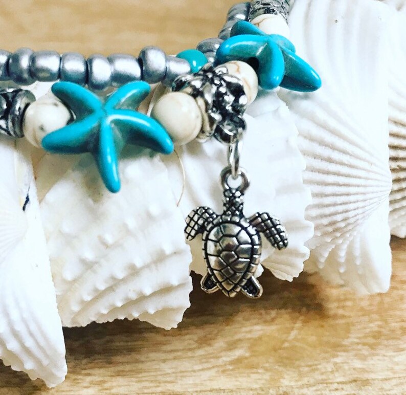 DAYMER BAY Double layer sea turtle starfish anklet turquoise silver beach