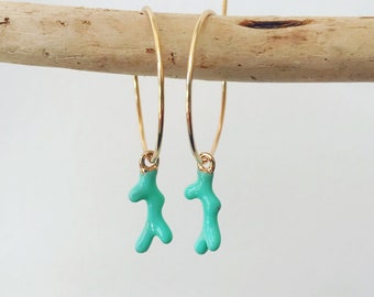 BORA BORA - handmade faux turquoise coral hoop earrings - unique gift for her - boho jewelry - gold hoop earrings - simple minimalist