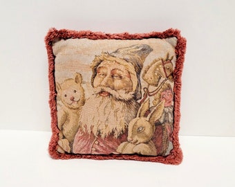 Vintage Santa Needlepoint Pillow with Red Velvet