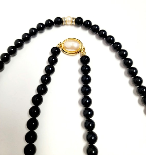 Vintage Onyx Faux Pearl Necklace/Rhinestones/Blac… - image 2