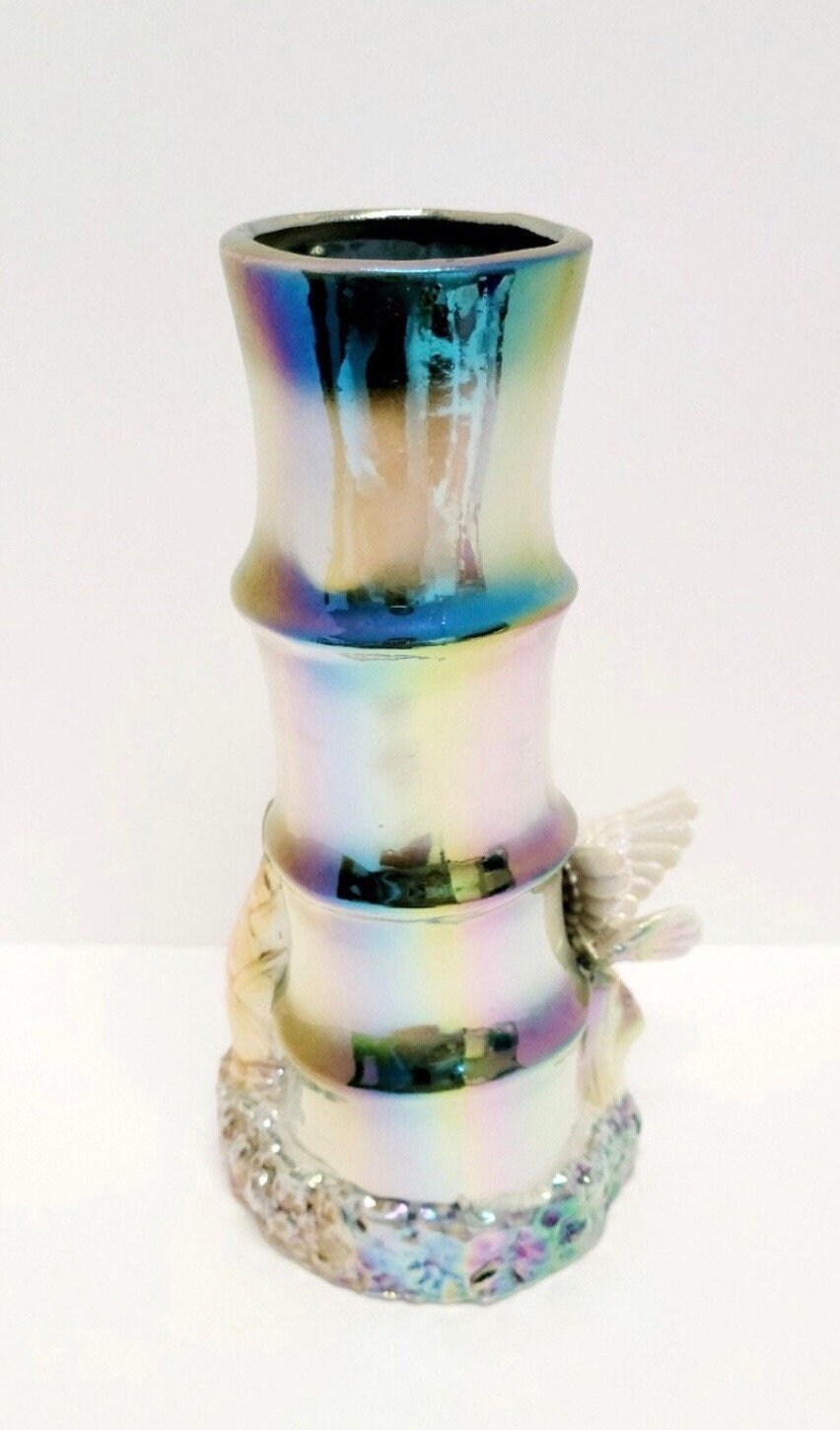 虹の花器 ヴィンテージ磁器の虹色の花瓶、3D鳥付き/竹の形の花瓶/鳥/花/真珠の