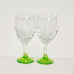 Etched Green Base Wine Glasses Depression Glass Heavy Weight Set of 2