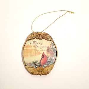 Vintage Christmas Ornament with Cardinals Red Cardinal Pine Cones Holly Berries Merry Christmas Holiday Decor Red Green Gold