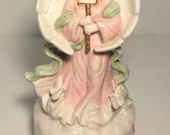 ヴィンテージ磁器守護天使像オルゴール/きよしこの夜/鳩/花/天使