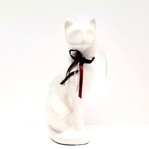 MCM Iridescent Cat Statue Figurine/Iridescent/Pearl White With Ribbon Bow/Cat Decor/Cat Statue/Home Decor/Made In Taiwan
