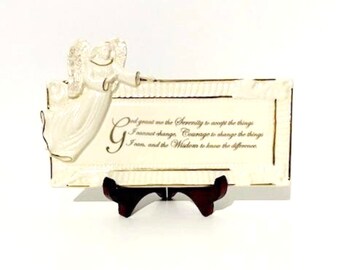 Vintage Lenox Christmas Angel Plaque/ Porcelain/Inspirational Serenity Prayer With Lenox Wooden Folding Easel/Lenox Plaque/Christmas Decor