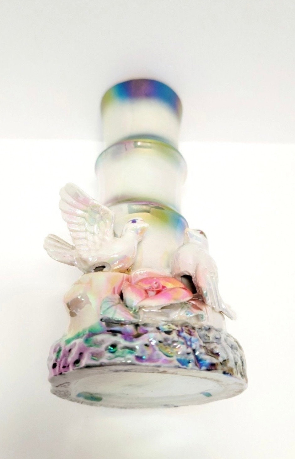 ヴィンテージ磁器の虹色の花瓶、3D鳥付き/竹の形の花瓶/鳥/花/真珠の