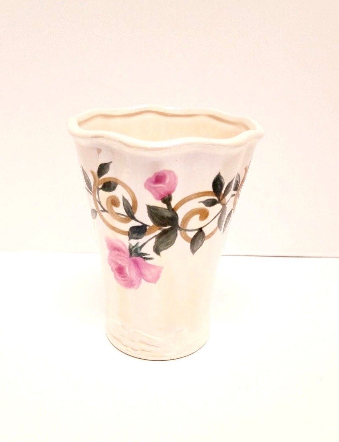 Vintage Iridescent Marked Floral Vase/bloom-rite Vase/marked/pink Roses ...