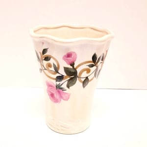 Vintage Iridescent Marked Floral Vase/Bloom-Rite Vase/Marked/Pink Roses/Vines/Vintage Ceramics/Home Decor/Home Decor Vase/Marked Vase