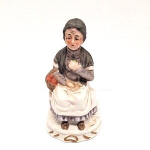Vintage Bisque Porcelain Granny Figurine  Made in Taiwan Woman With Basket