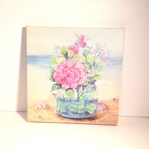 Beach Scene Flower Canvas Print/Ocean/Flowers/Seashells/Butterfly/Beach House Decor/Wall Decor/Home Decor/8”