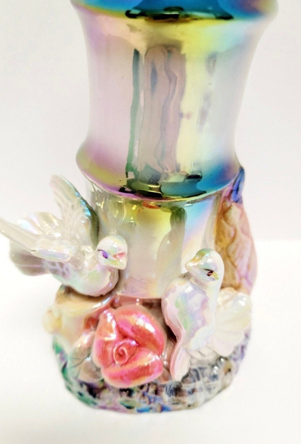 ヴィンテージ磁器の虹色の花瓶、3D鳥付き/竹の形の花瓶/鳥/花