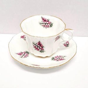 English Royal Grafton Teacup Set/Fine Bone China/Made In England/Pink & White Flowers/Gold Trim/Teacup Saucer Set/Teacup/Saucer/Floral/Tea