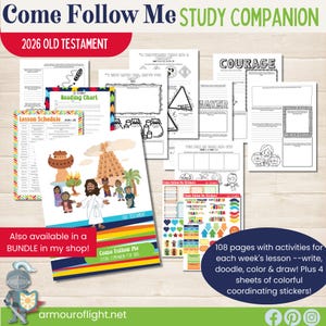 May include: A set of study materials for the 2026 Old Testament, with a colourful cover depicting biblical scenes. Includes a lesson schedule, reading chart, and activity pages with stickers. The text reads "Come Follow Me STUDY COMPANION."